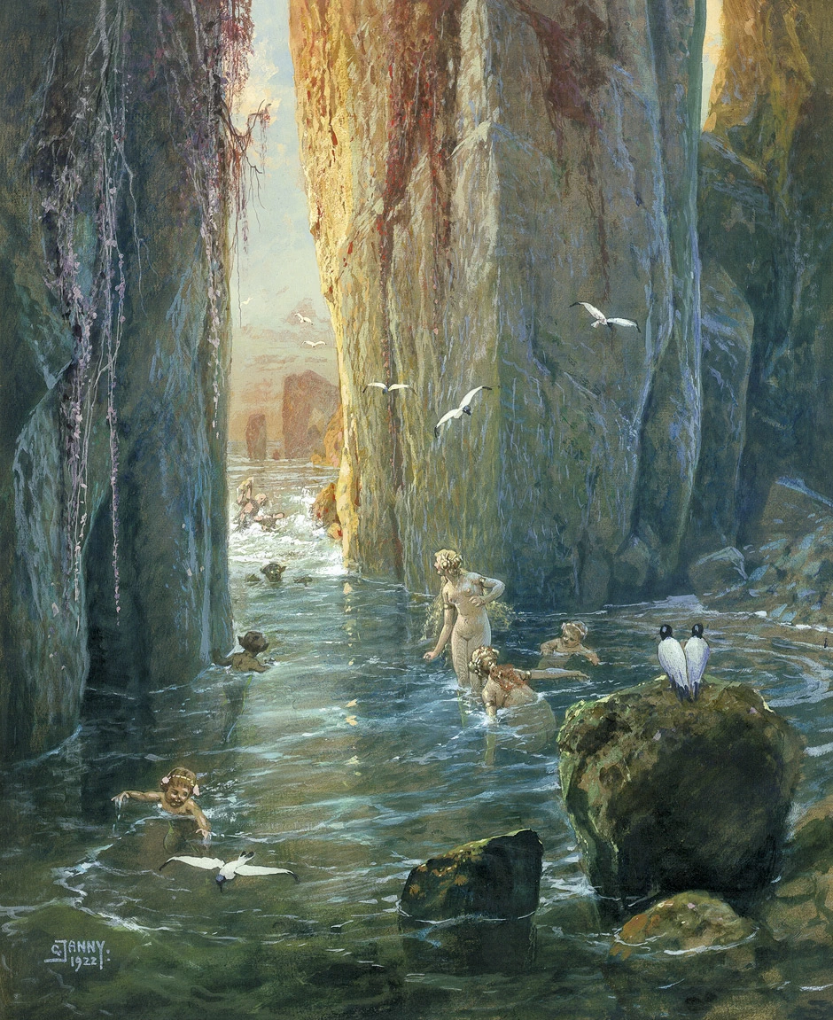 Sirene che fanno il bagno in riva al mare 1922